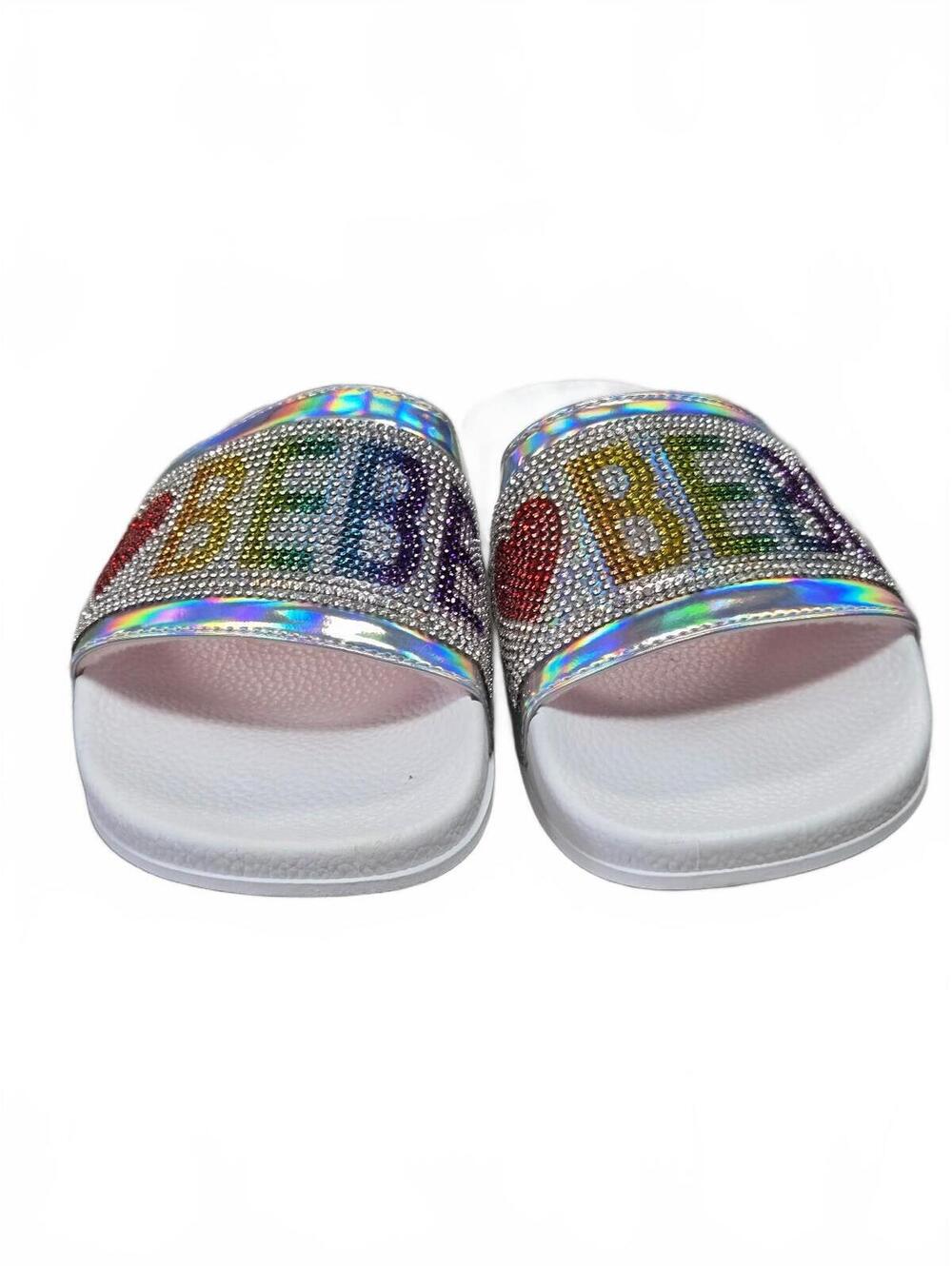 bebe Girls White Slide Sandals with Rhinestone BEBE Logo and Heart